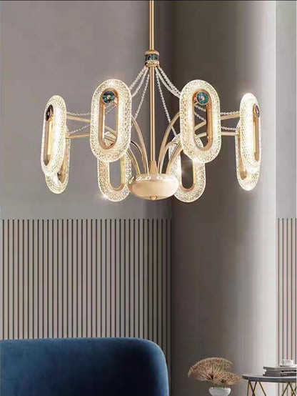 Artistic chandelier with abalone shell accents and sparkling crystal chains.