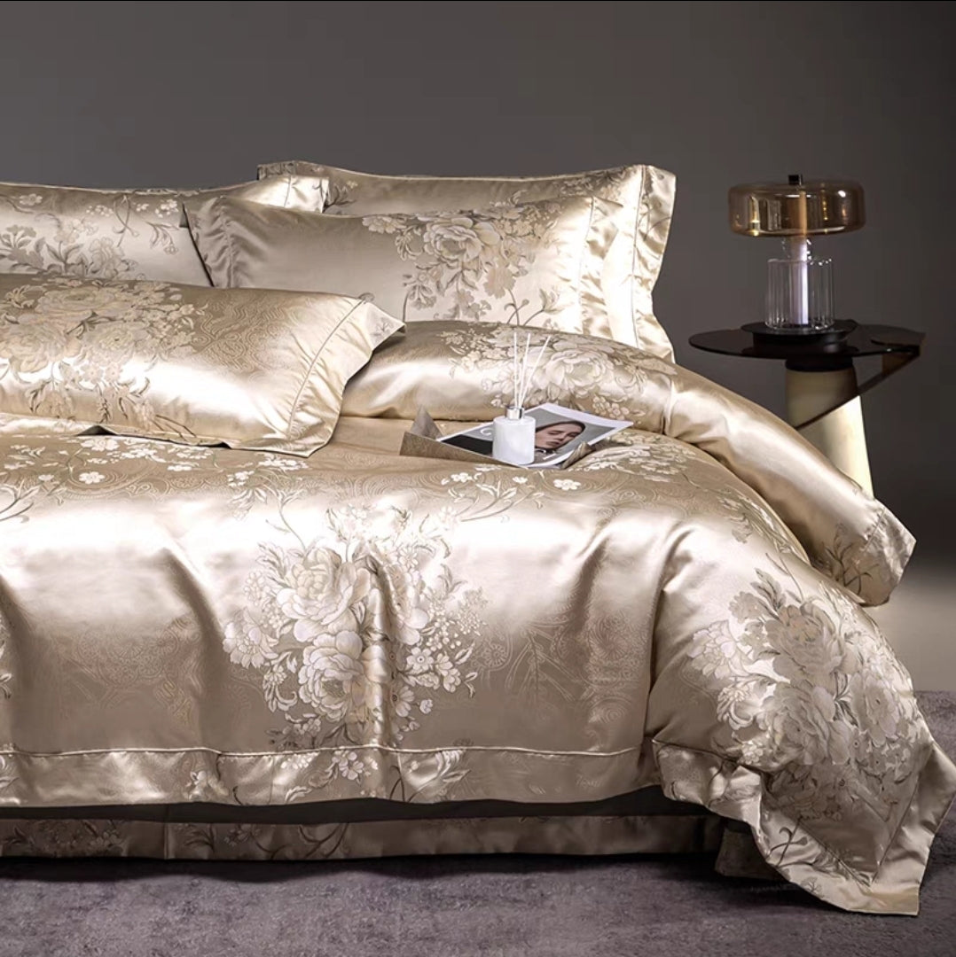 Full bed view of Egyptian cotton jacquard bedding in a luxury bedroom setting.

