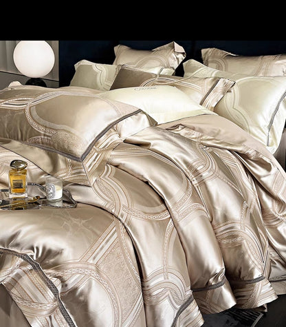 Luxurious floral jacquard satin bedding set styled in an elegant bedroom