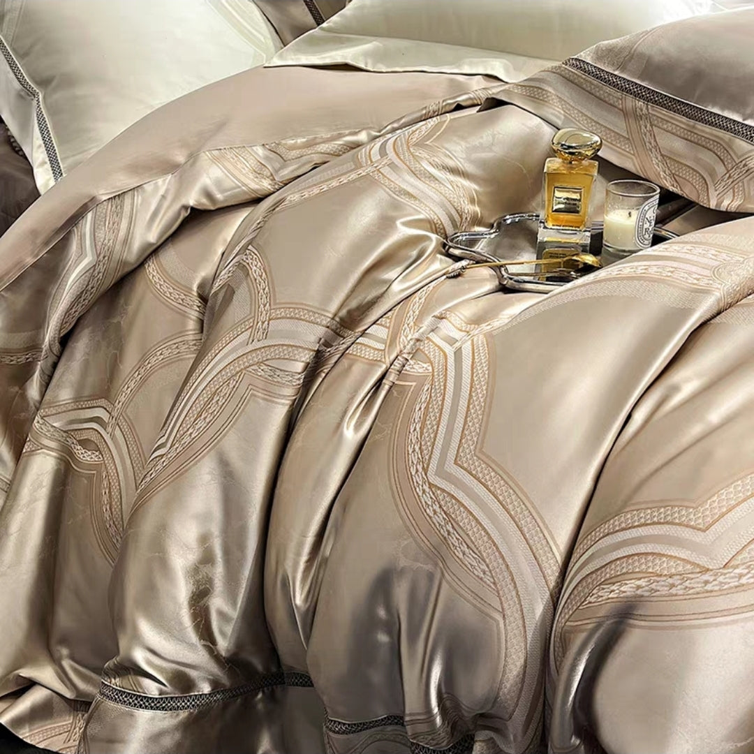 Close-up of 100S cotton duvet cover showcasing satin floral weave design