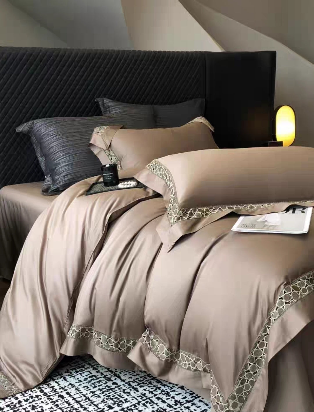 Taupe beige 100S cotton bedding set styled for luxury bedroom décor