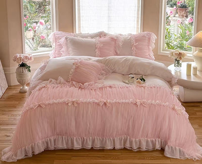 French Princess Style 60S Tencel Silk Bedding Set – 4-Piece Ruffled Lace Duvet Set with Bow Detail