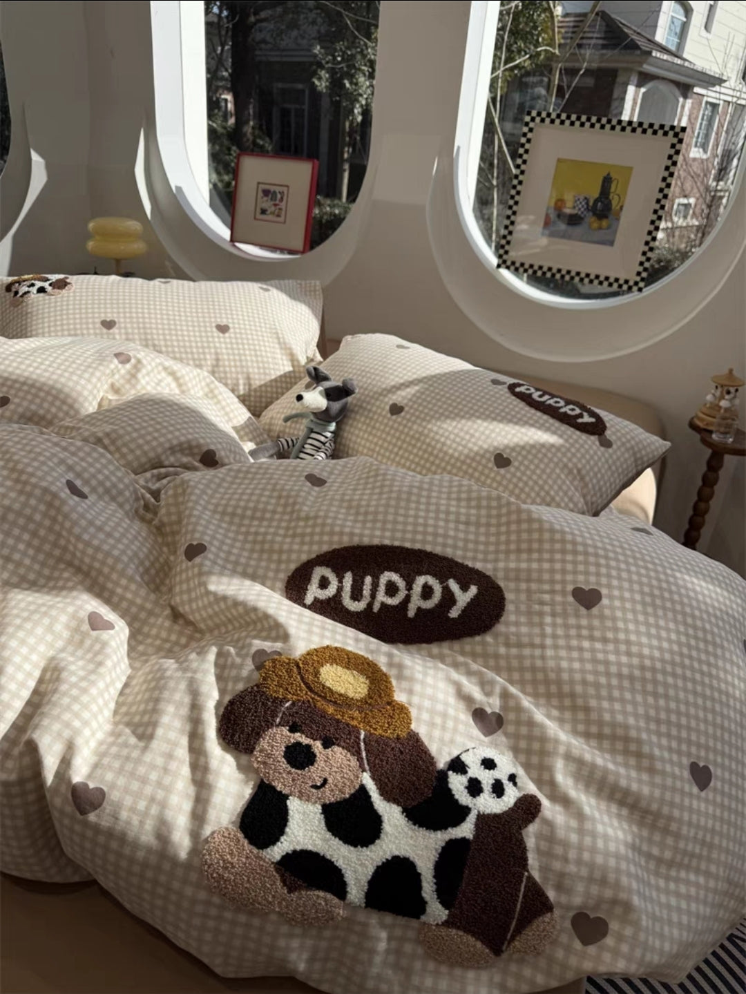 Children's cartoon embroidered bedding set with 'Puppy' design in a room setting