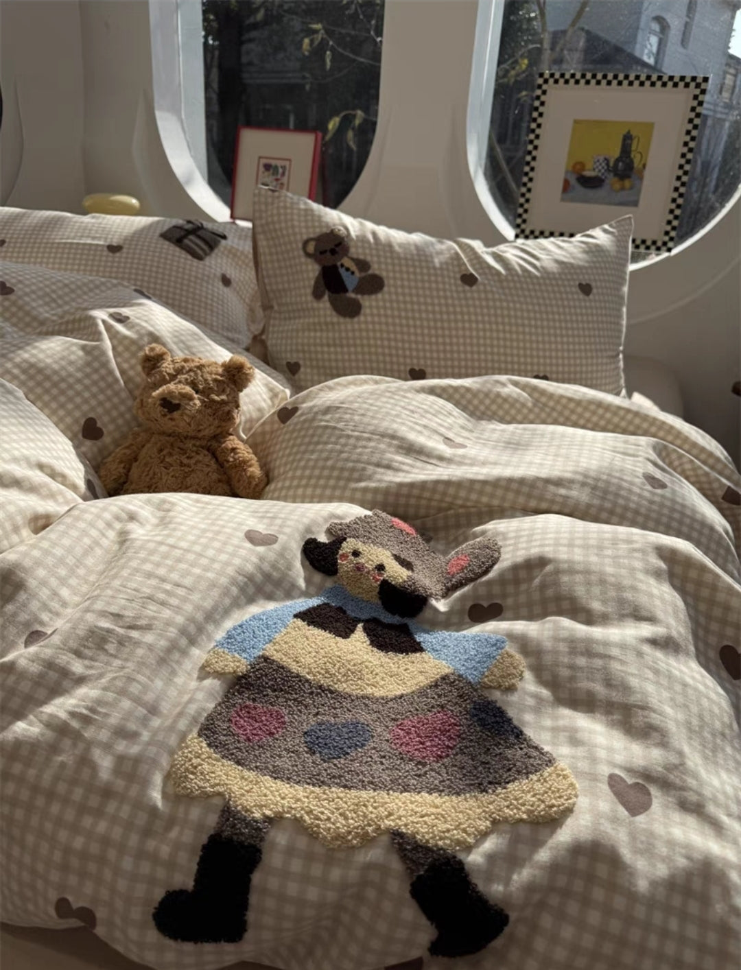 Plush toy bear and knitted cartoon embroidered bedding set  