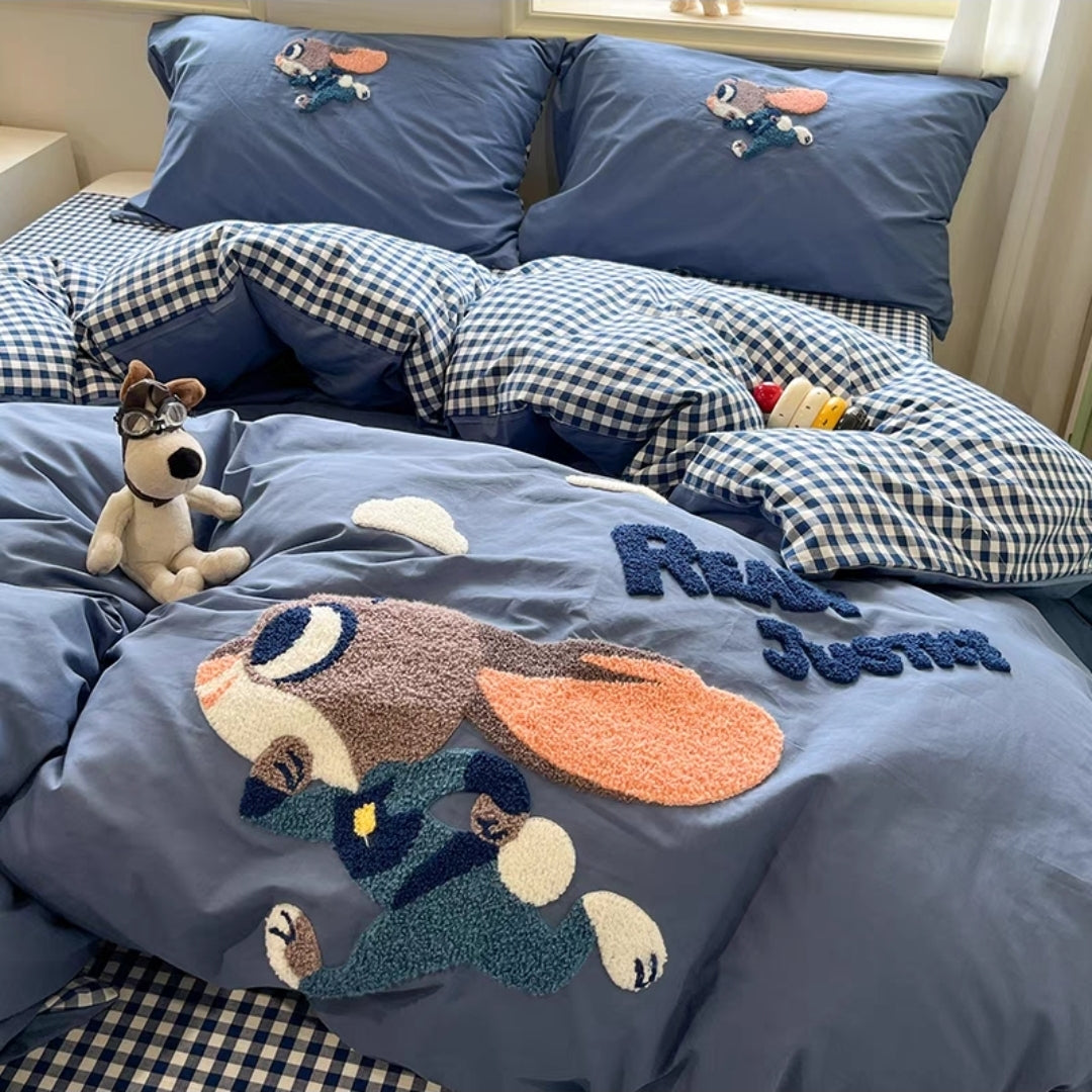 Blue cartoon embroidered bedding set with rabbit design, made from 100% combed cotton

