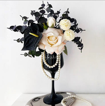 Elegant Faux Floral Arrangement in Black Goblet Vase Paired with a Silver Tray – 35cm