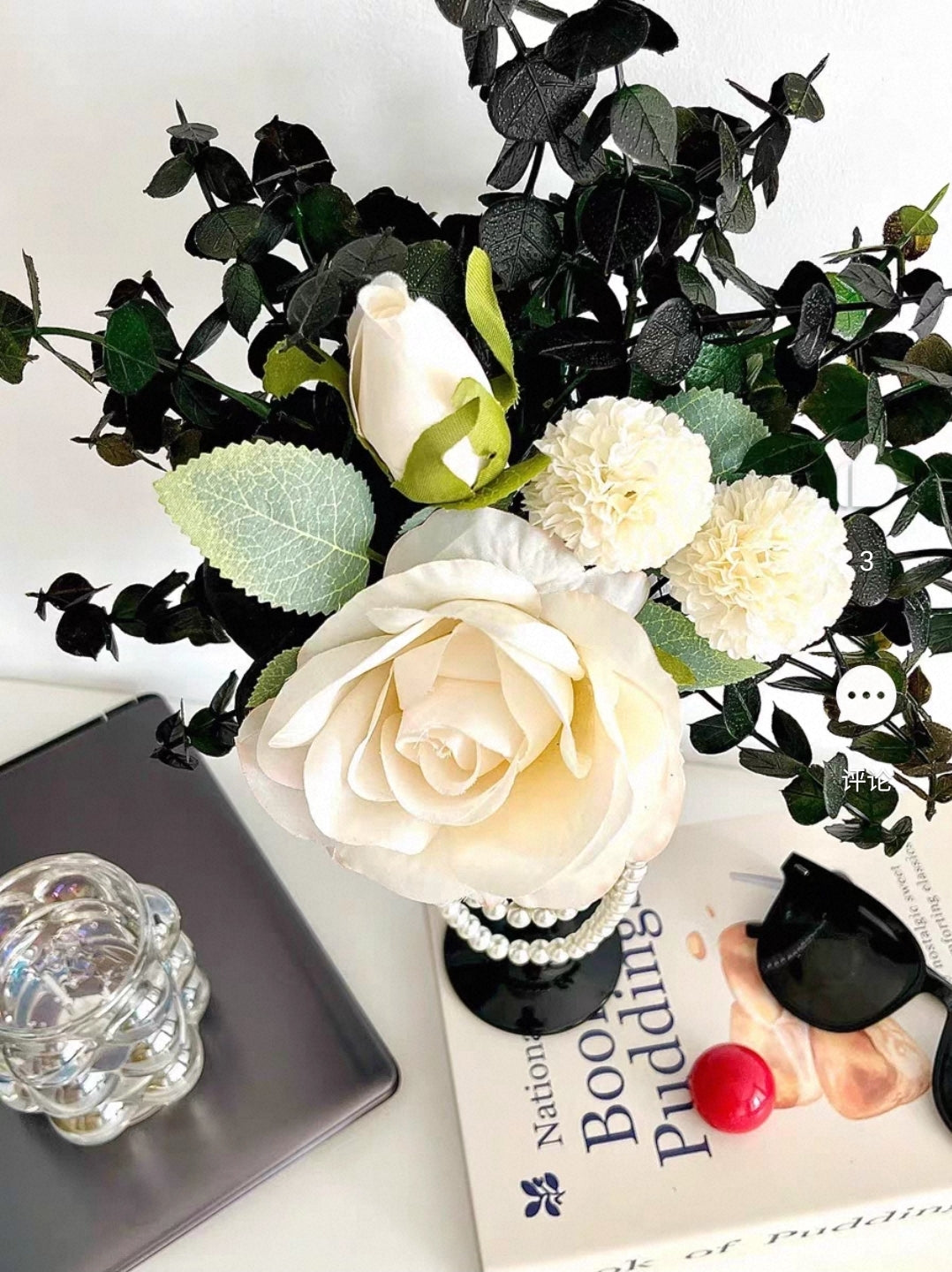 Elegant Faux Floral Arrangement in Black Goblet Vase Paired with a Silver Tray – 35cm