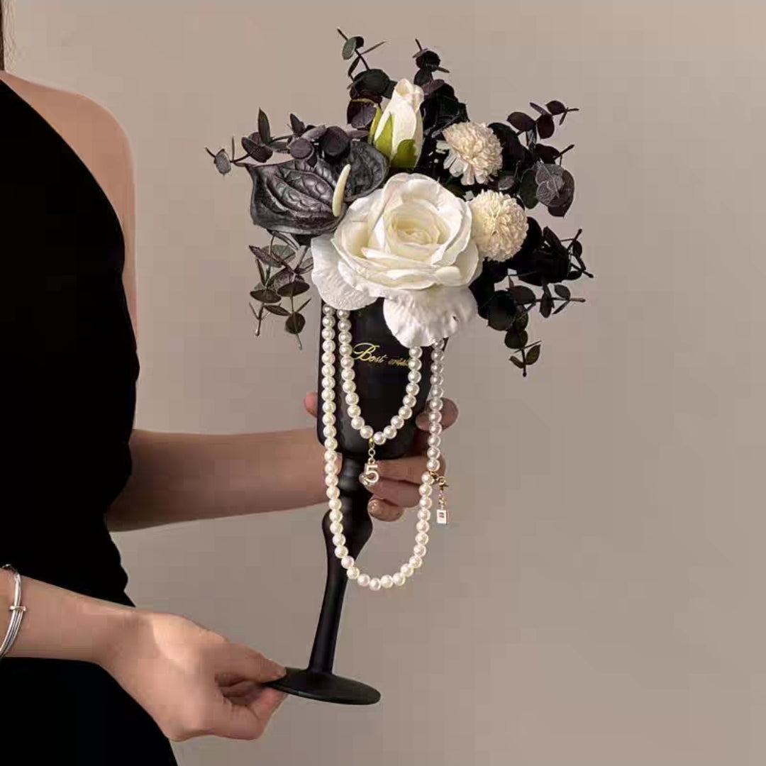 Elegant Faux Floral Arrangement in Black Goblet Vase Paired with a Silver Tray – 35cm