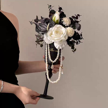 Elegant Faux Floral Arrangement in Black Goblet Vase Paired with a Silver Tray – 35cm