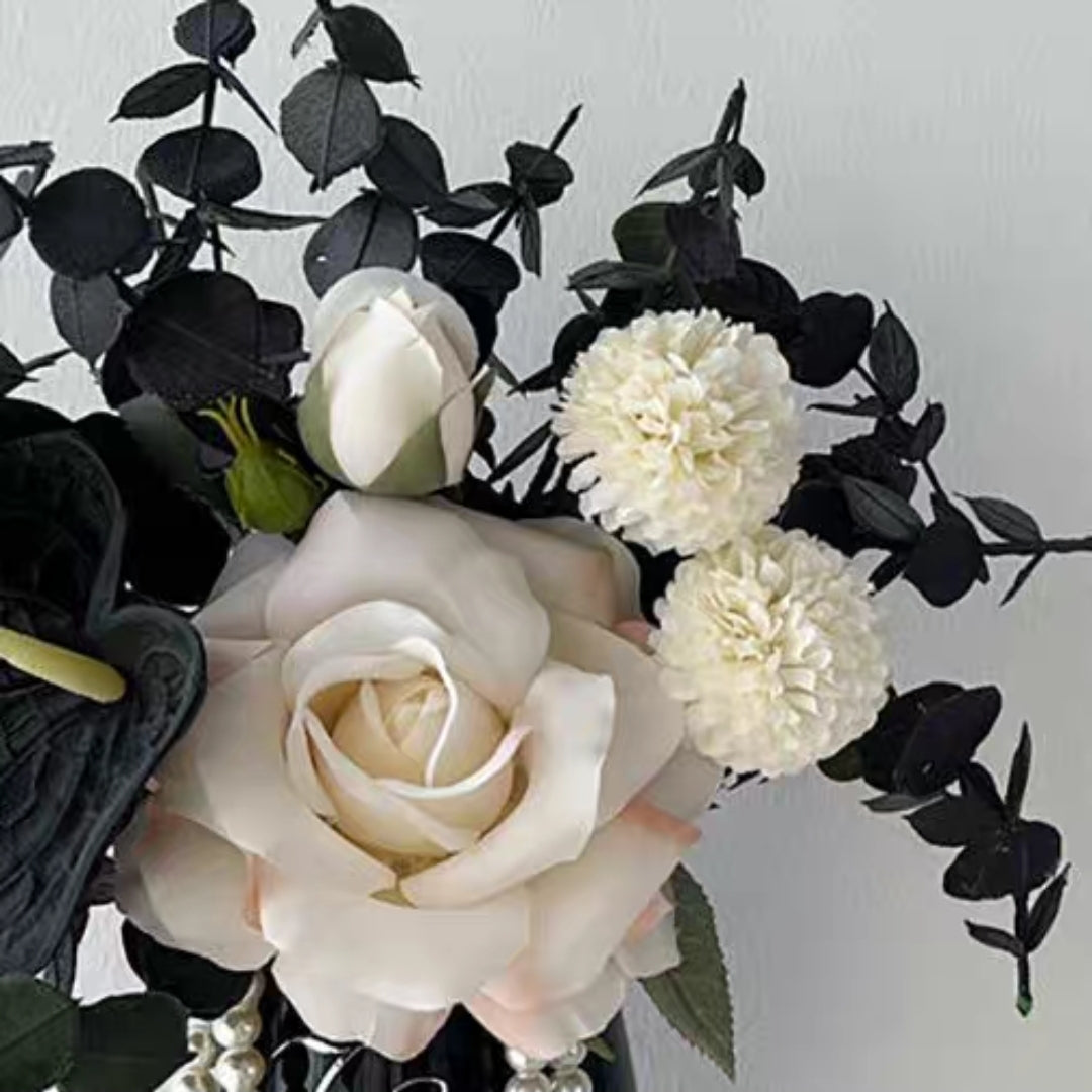 Elegant Faux Floral Arrangement in Black Goblet Vase Paired with a Silver Tray – 35cm