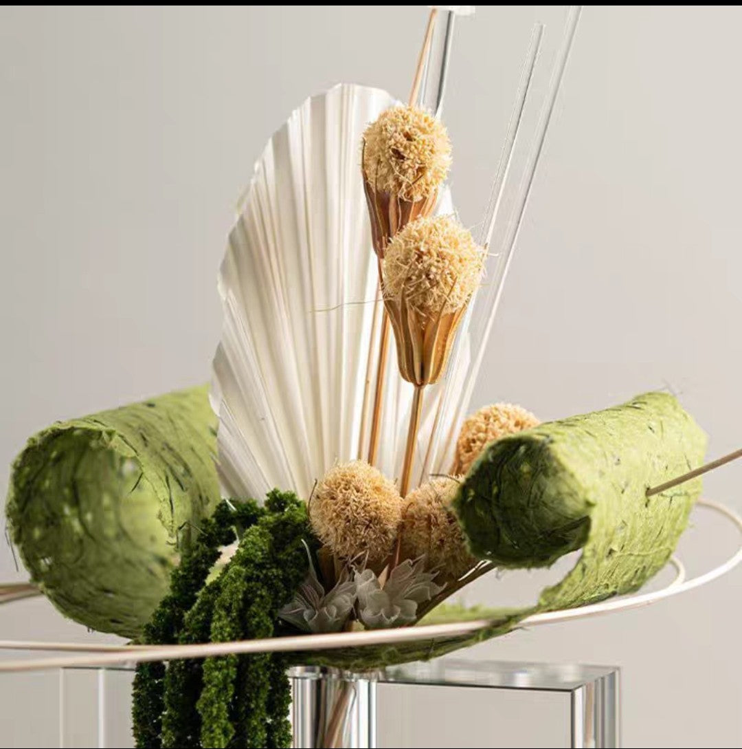 Modern Faux Floral Sculpture with Metal Arc Frame – 35cm