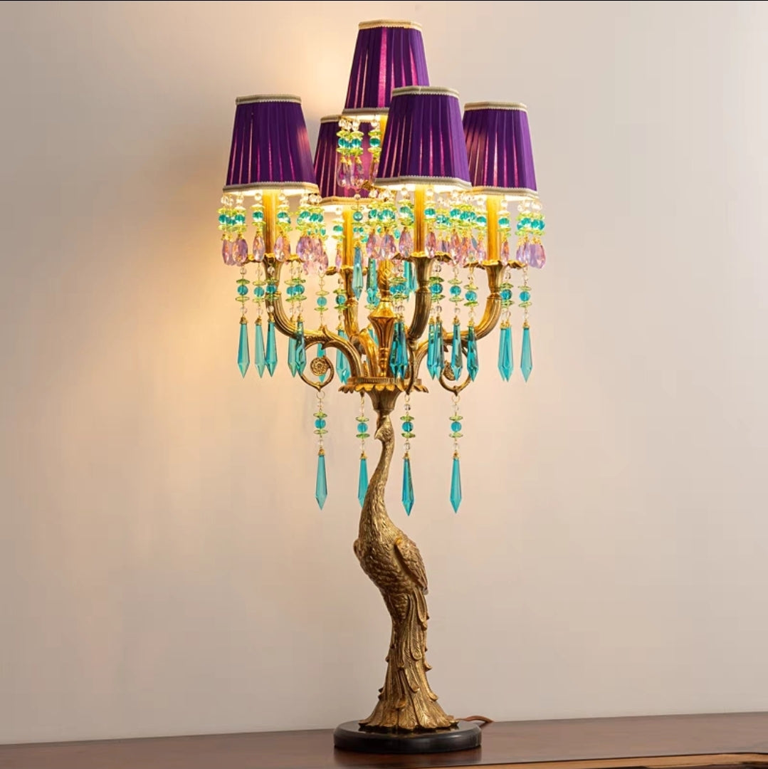 French Peacock Brass Table Lamp with Crystal Drops – Royal Purple Shades
