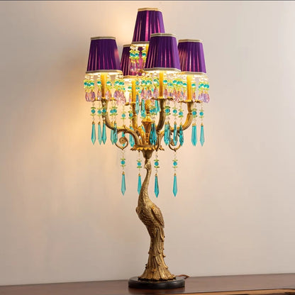 French Peacock Brass Table Lamp with Crystal Drops – Royal Purple Shades
