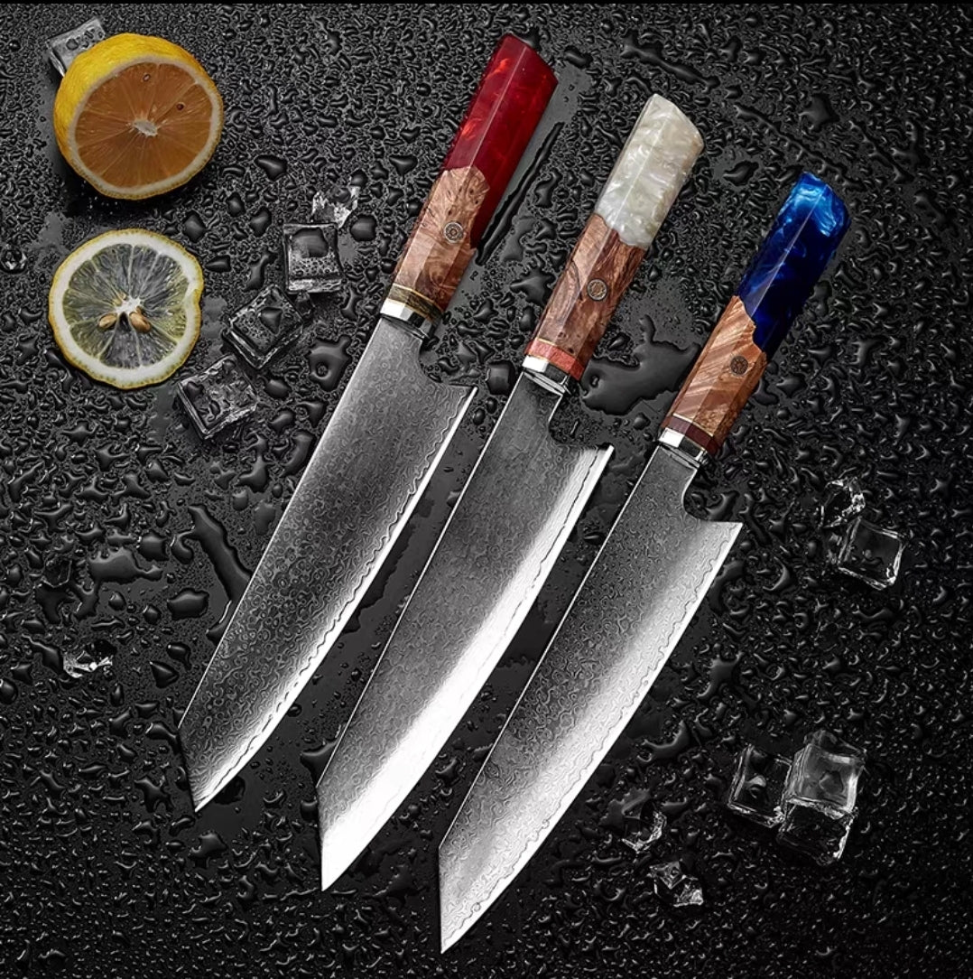 Set of three Damascus chef knives with resin burl handles in assorted colors
