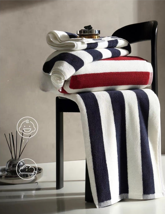 Luxury Striped Cotton Bath Towel Draped Over Chair – Navy and Red
