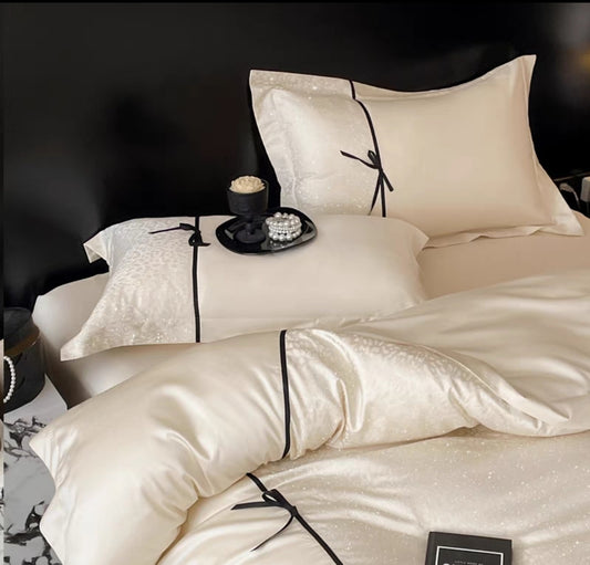 Champagne Gold Tencel Cotton Bedding Set with Black Embroidered Details
