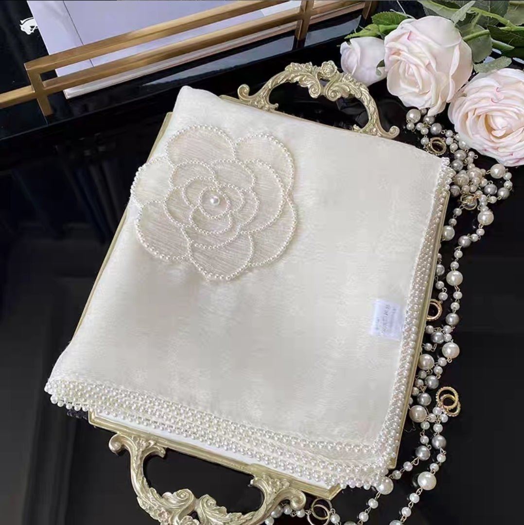 Camellia Embroidered Shawl – Silk & Wool Blend | Hand-Beaded | 185x85CM