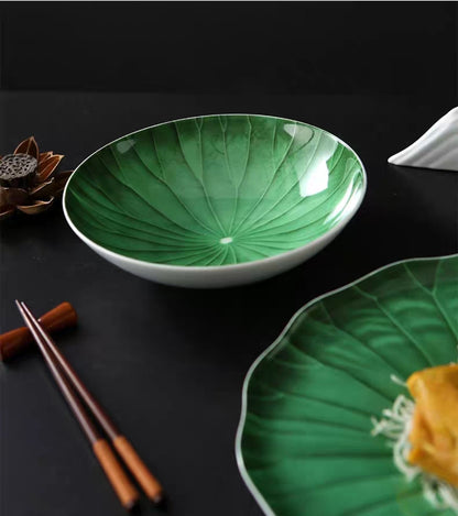 Green Lotus Leaf Ceramic Serving Plate – Restaurant & Home Platter | 20–31cm Sizes