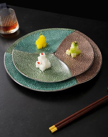 High-temp fired ceramic plates with divided sections and vibrant glaze
