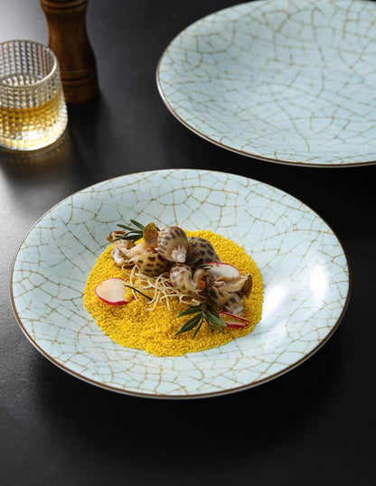 Celadon crack glaze ceramic dinner plate with seafood

