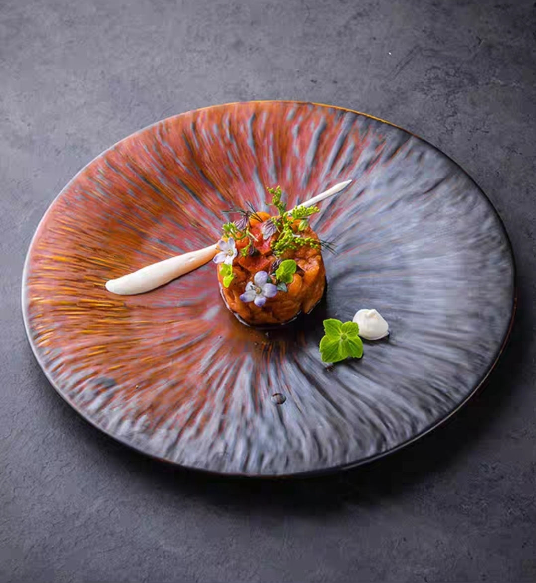 Eternal Flower Series ceramic plate showcasing textured glaze and artisan-crafted irregular edge design
