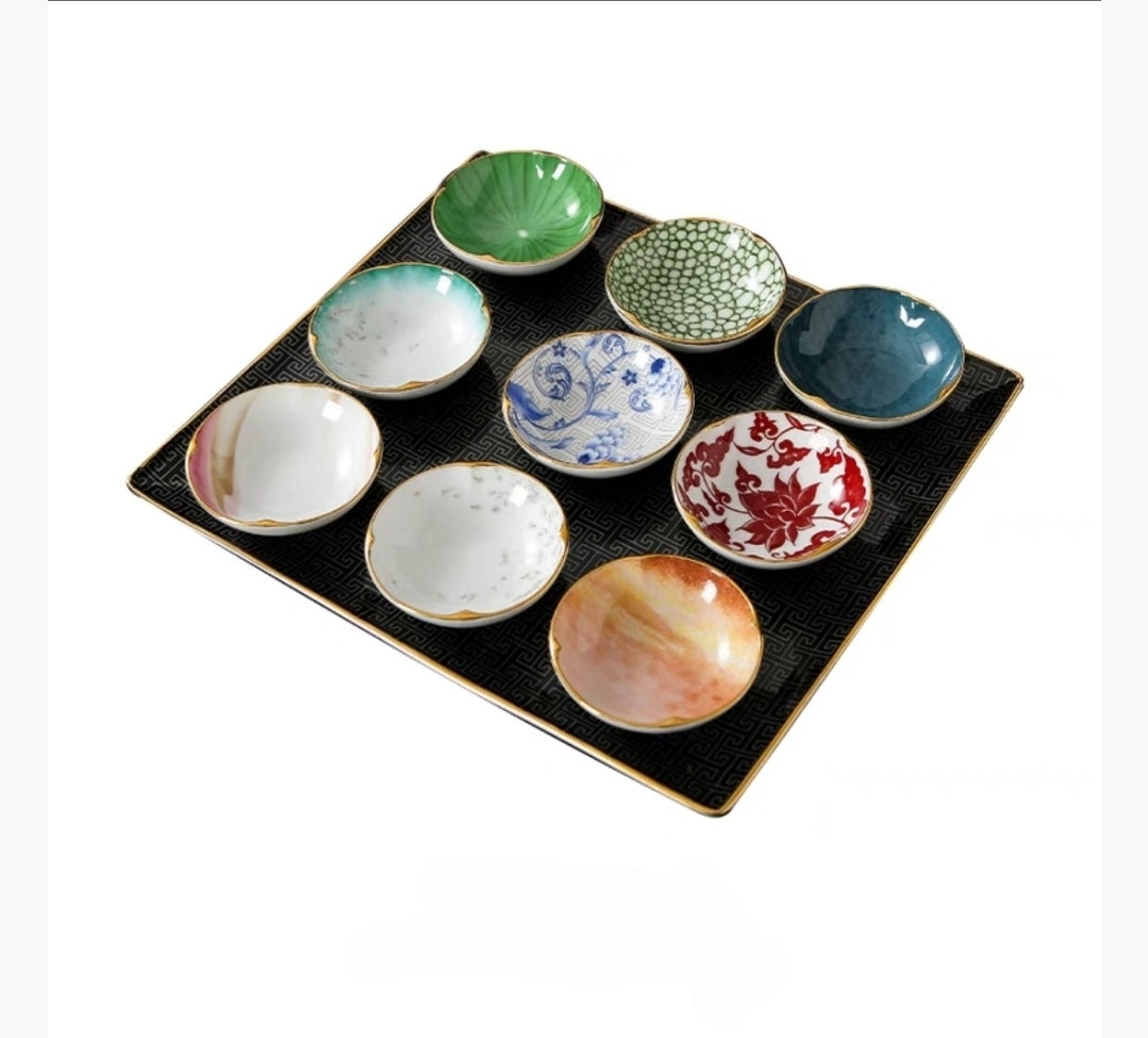 9-Piece Chinese Appetizer Plate Set – Ceramic Dipping Bowls with Textured Tray | Restaurant Tasting Dishware