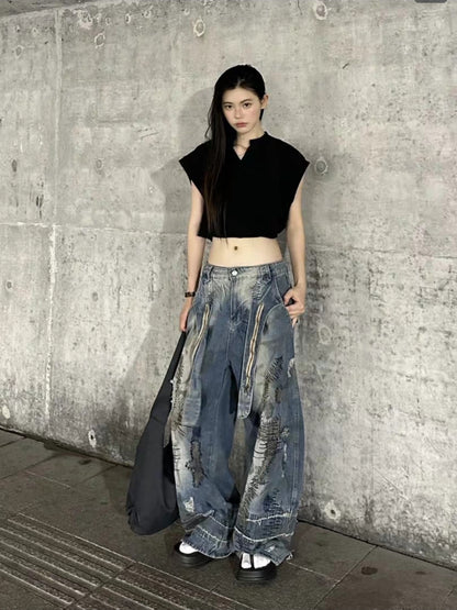 Grunge Patchwork Baggy Jeans – Distressed Embroidery, High Waist, Wide-Leg Fit